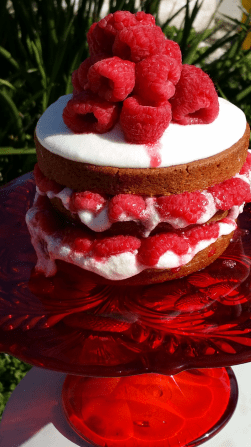 raspberry pumpkin cake on pedestal